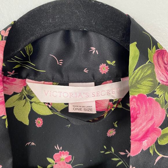 Victoria's Secret Y2K Satin Robe Black Floral Kimono Waist Tie Pink VTG One Size - Picture 3 of 13